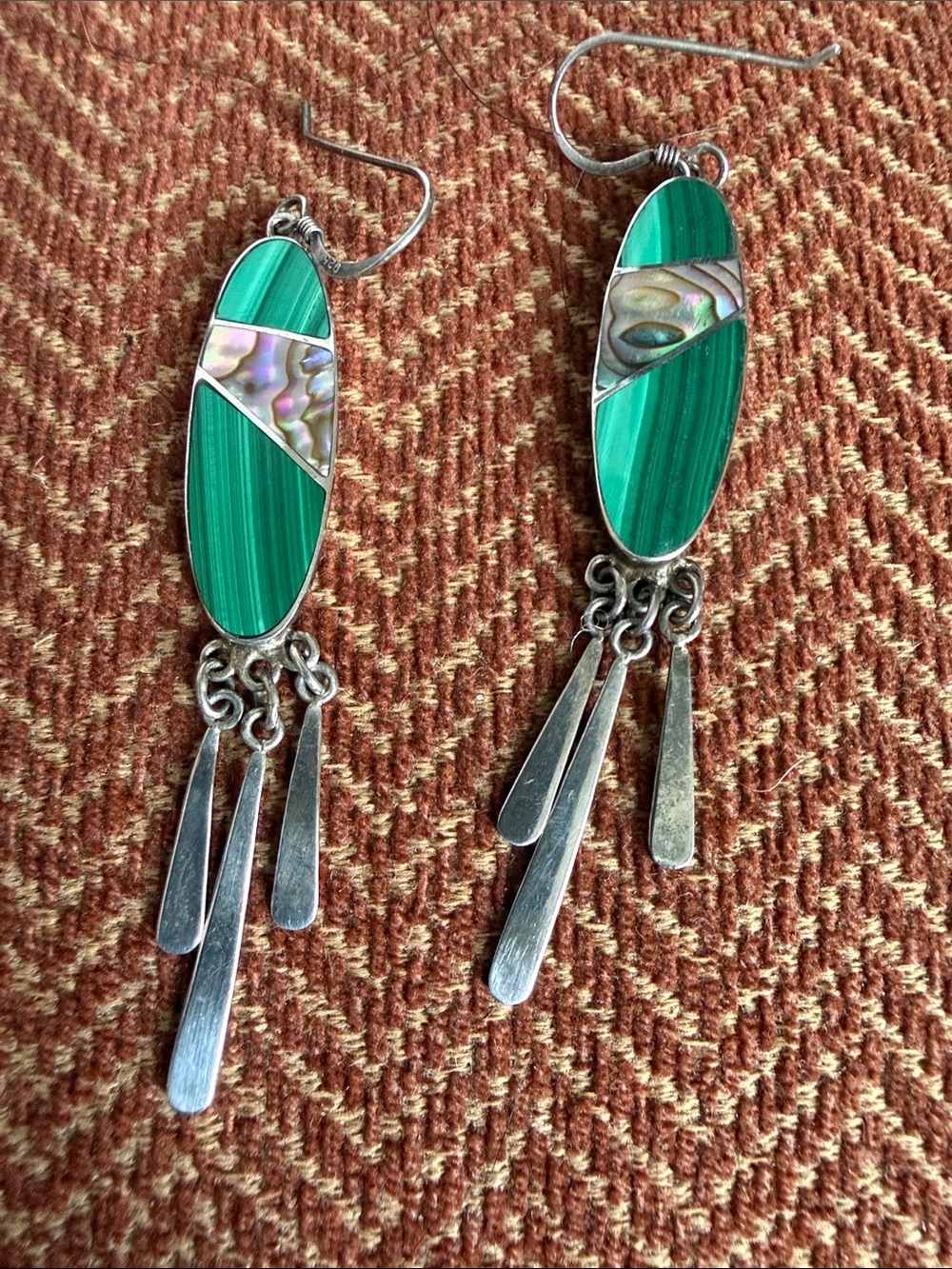 Green Malachite & Abalone Silver Dangle Earrings